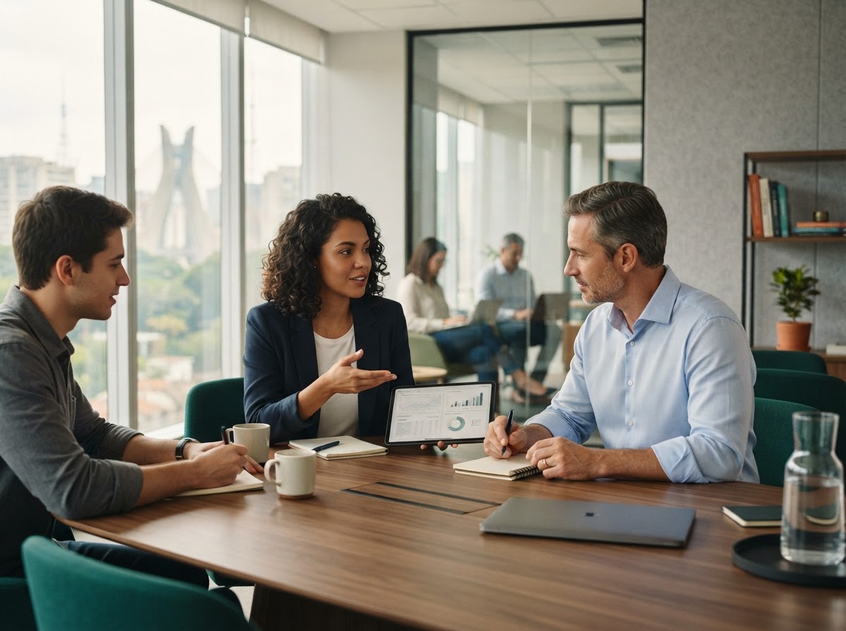 Farol Bravendança - equipe analisando indicadores financeiros em ambiente de trabalho